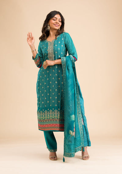 Peacock Blue Zariwork Semi Crepe Readymade Salwar Kameez-Koskii