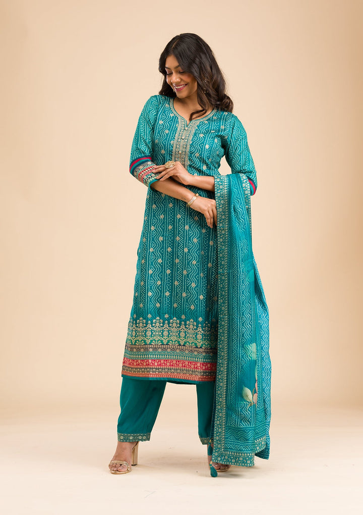 Peacock Blue Zariwork Semi Crepe Readymade Salwar Kameez-Koskii