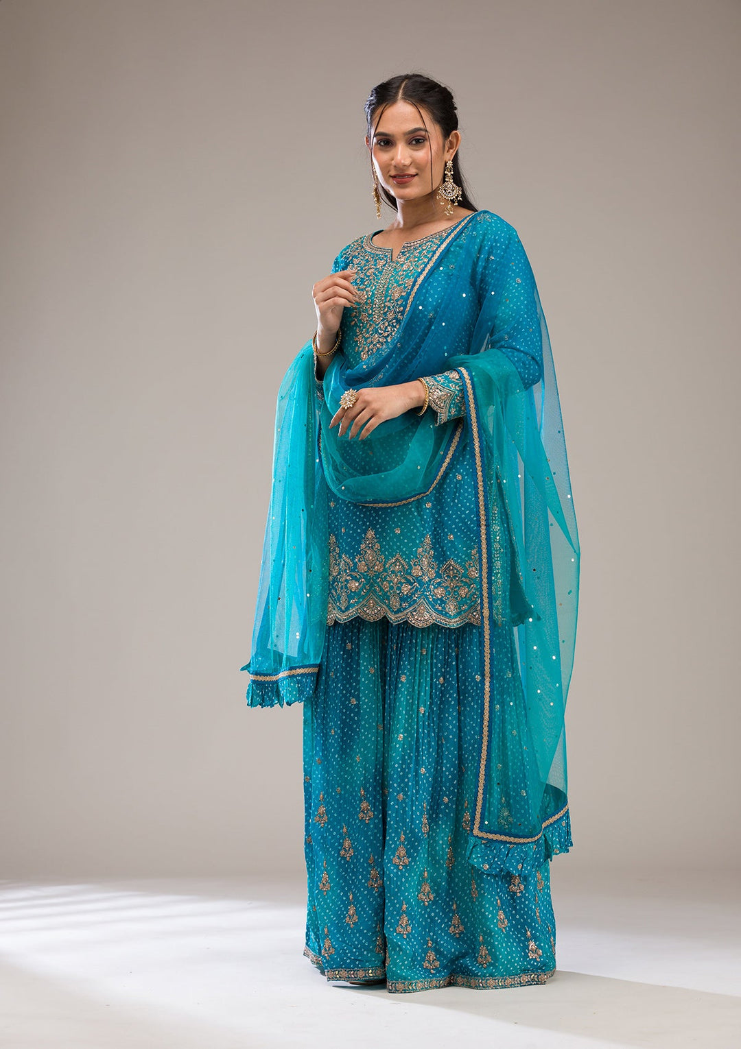 Peacock Blue Zariwork Semi Crepe Readymade Salwar Suit-Koskii