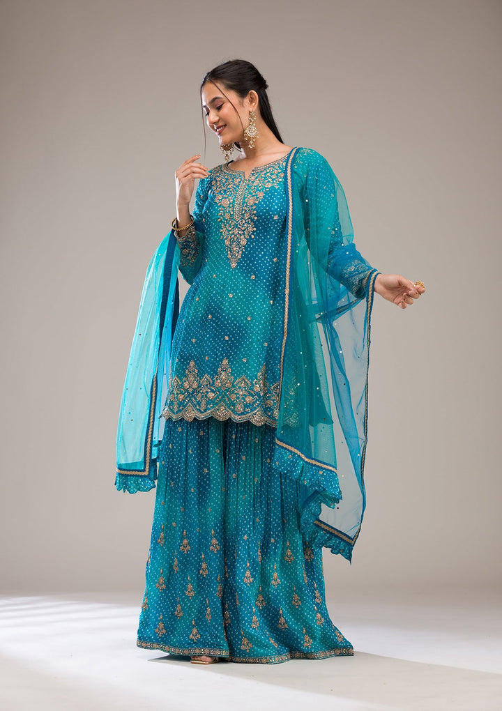 Peacock Blue Zariwork Semi Crepe Readymade Salwar Suit-Koskii