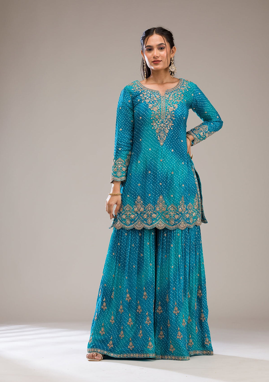 Peacock Blue Zariwork Semi Crepe Readymade Salwar Suit-Koskii
