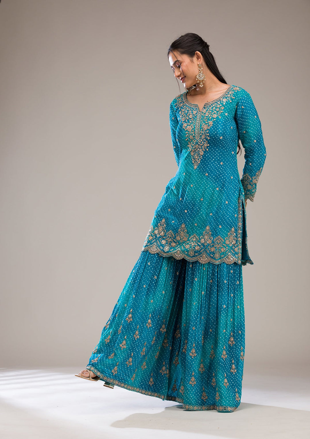 Peacock Blue Zariwork Semi Crepe Readymade Salwar Suit-Koskii
