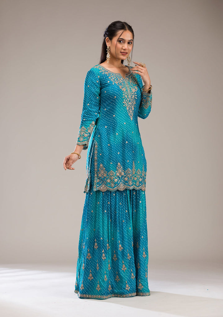 Peacock Blue Zariwork Semi Crepe Readymade Salwar Suit-Koskii