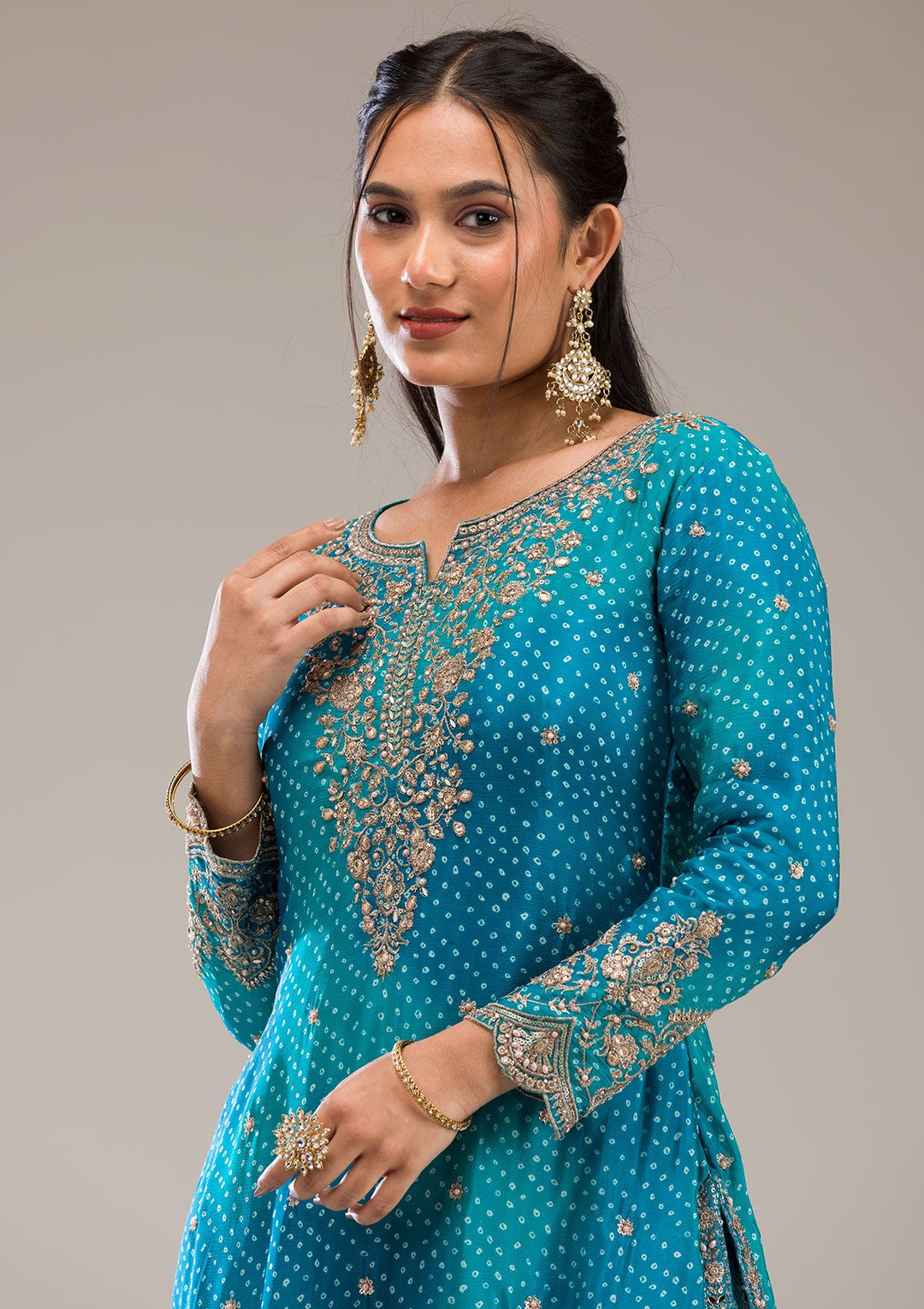 Peacock Blue Zariwork Semi Crepe Readymade Salwar Suit-Koskii