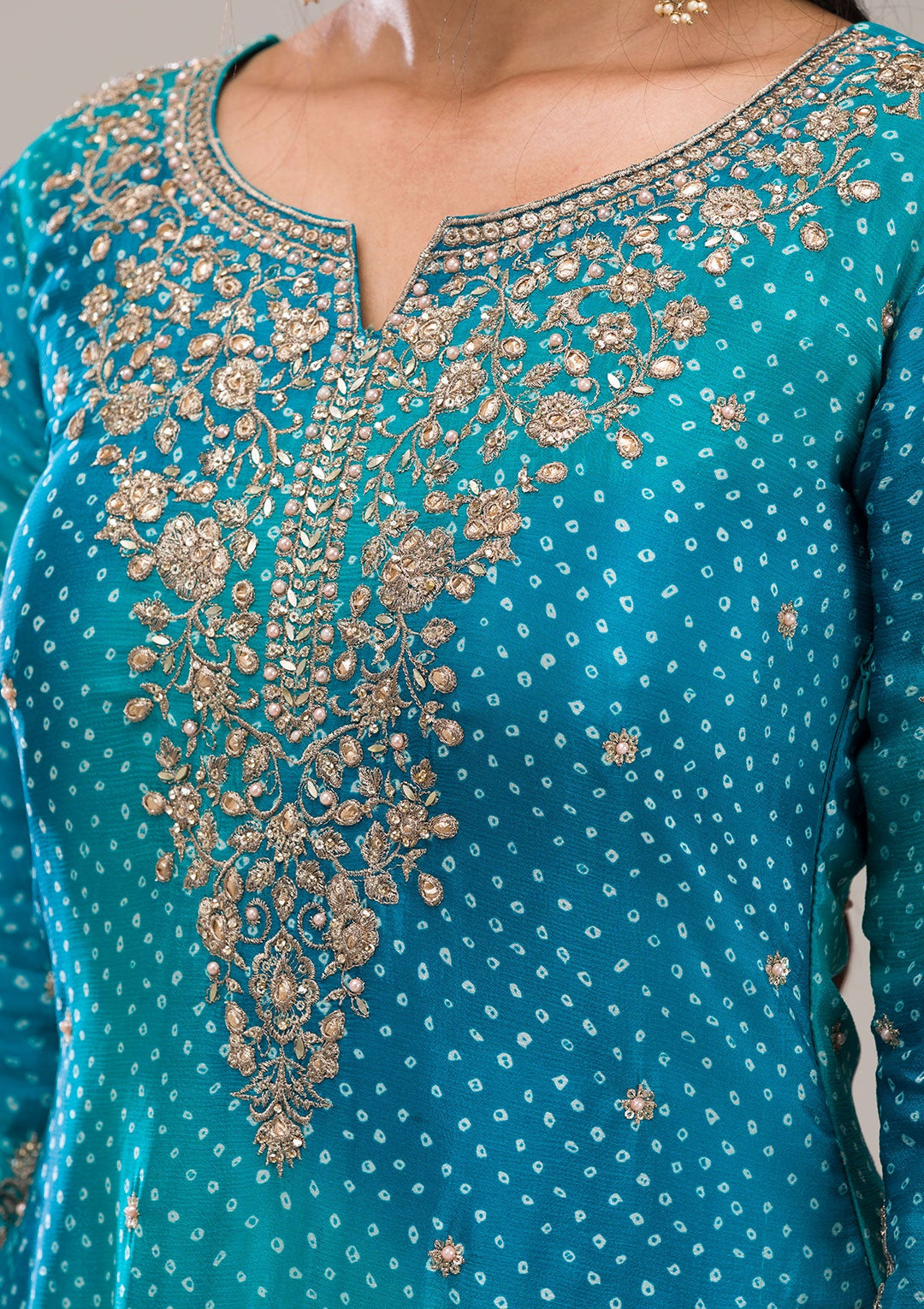 Peacock Blue Zariwork Semi Crepe Readymade Salwar Suit-Koskii