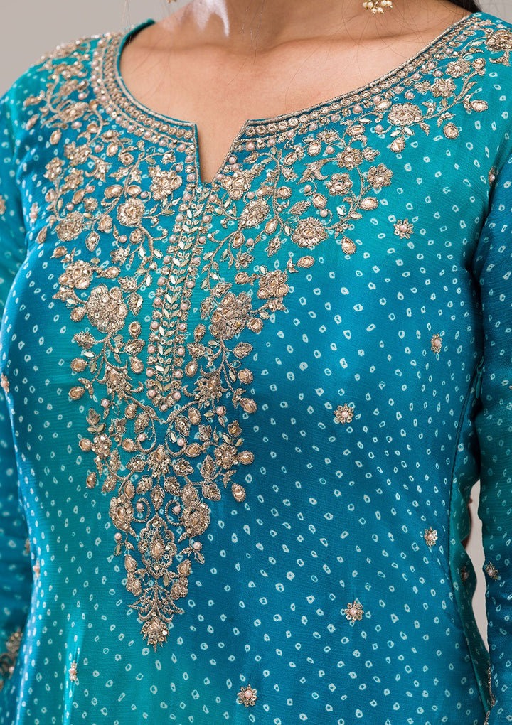 Peacock Blue Zariwork Semi Crepe Readymade Salwar Suit-Koskii