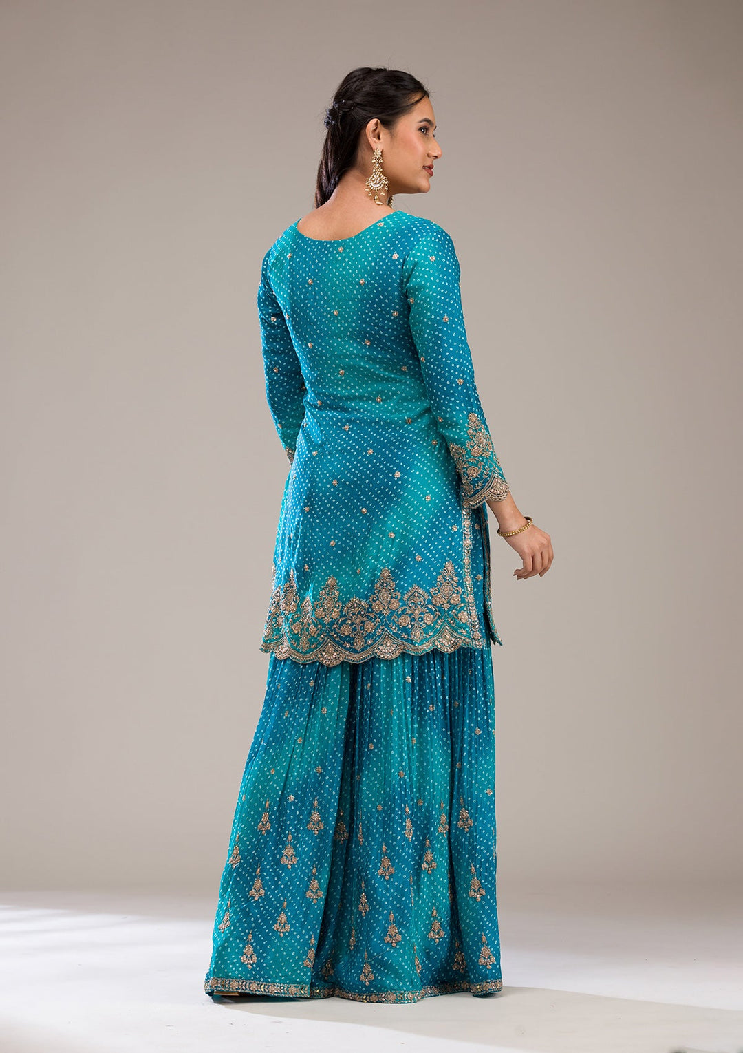 Peacock Blue Zariwork Semi Crepe Readymade Salwar Suit-Koskii
