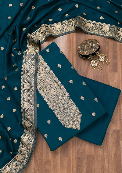 Peacock Blue Zariwork Semi Crepe Unstitched Salwar Suit-Koskii