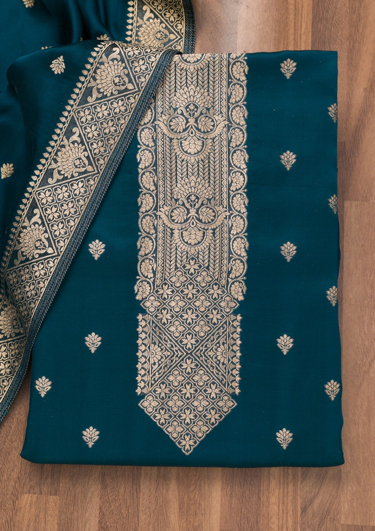 Peacock Blue Zariwork Semi Crepe Unstitched Salwar Suit-Koskii