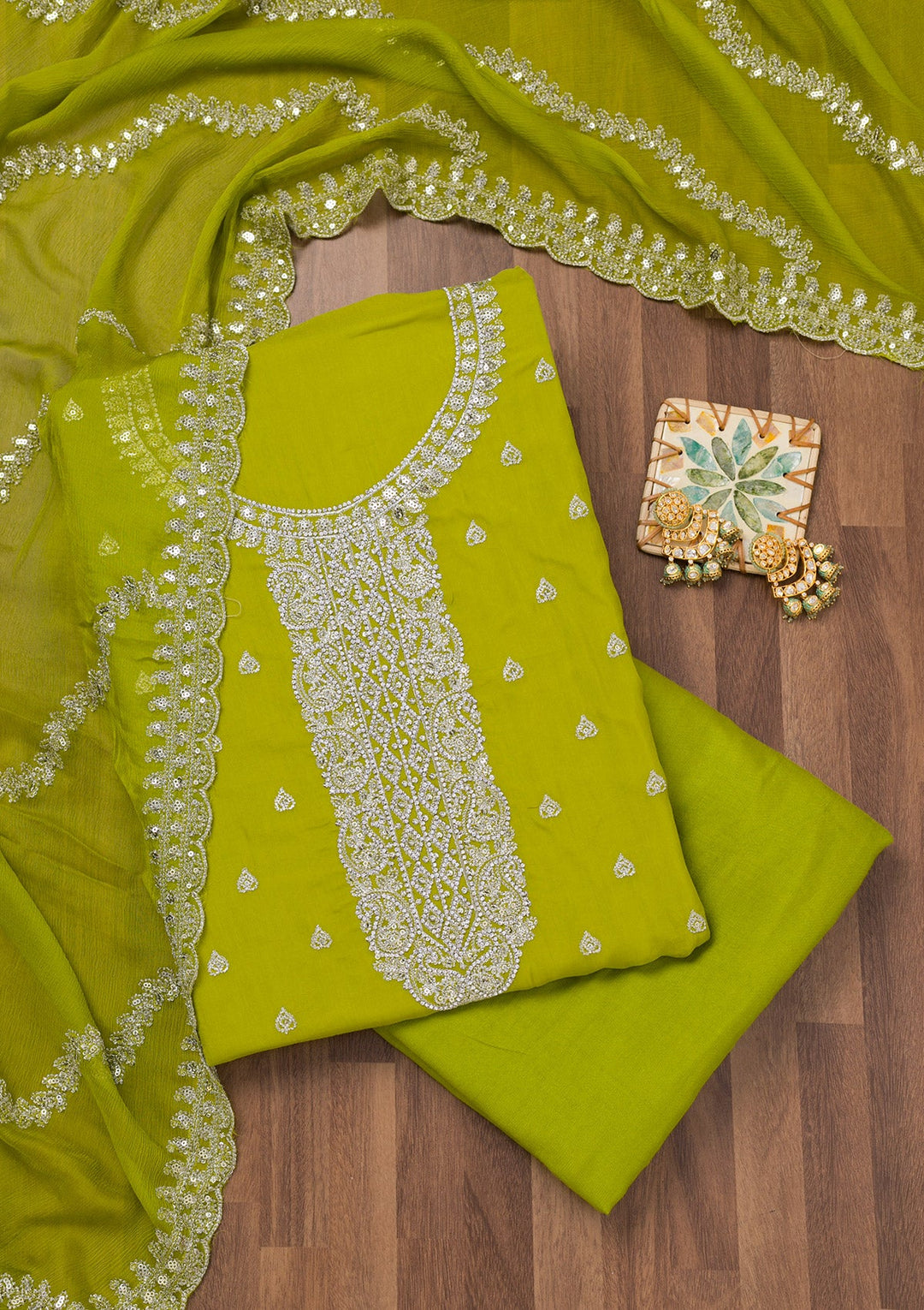 Parrot Green Zariwork Semi Crepe Unstitched Salwar Suit-Koskii