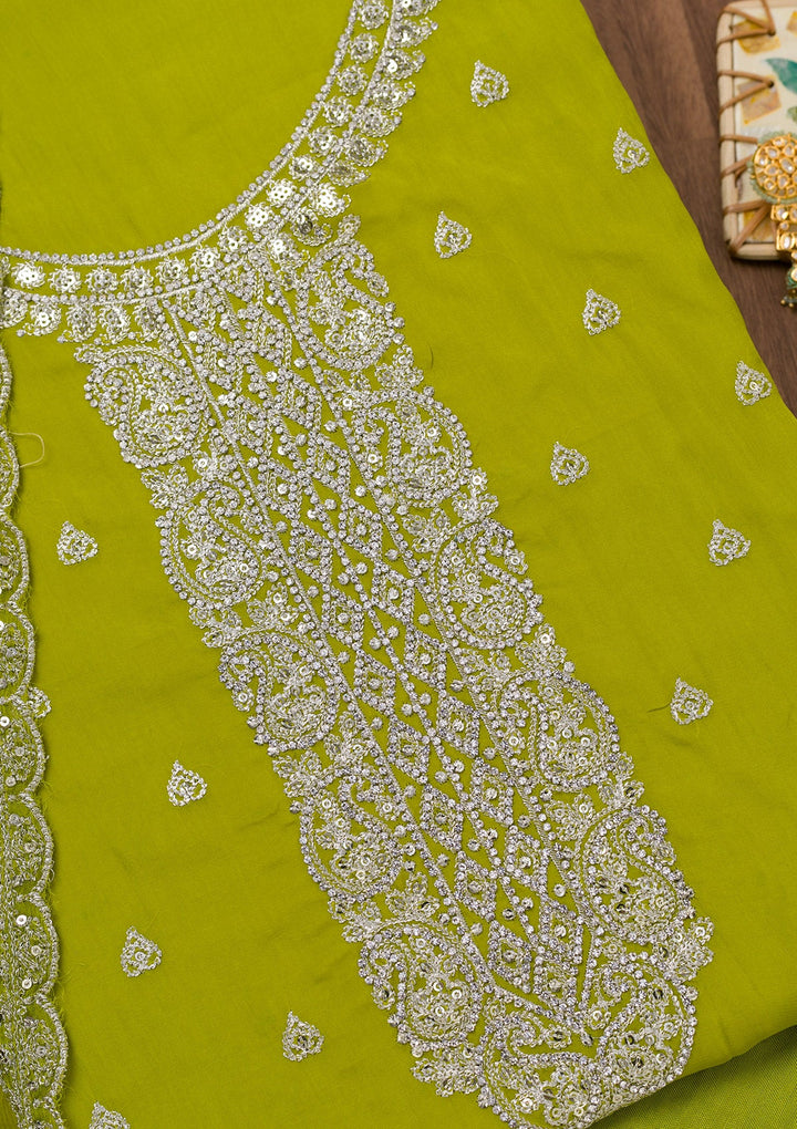 Parrot Green Zariwork Semi Crepe Unstitched Salwar Suit-Koskii