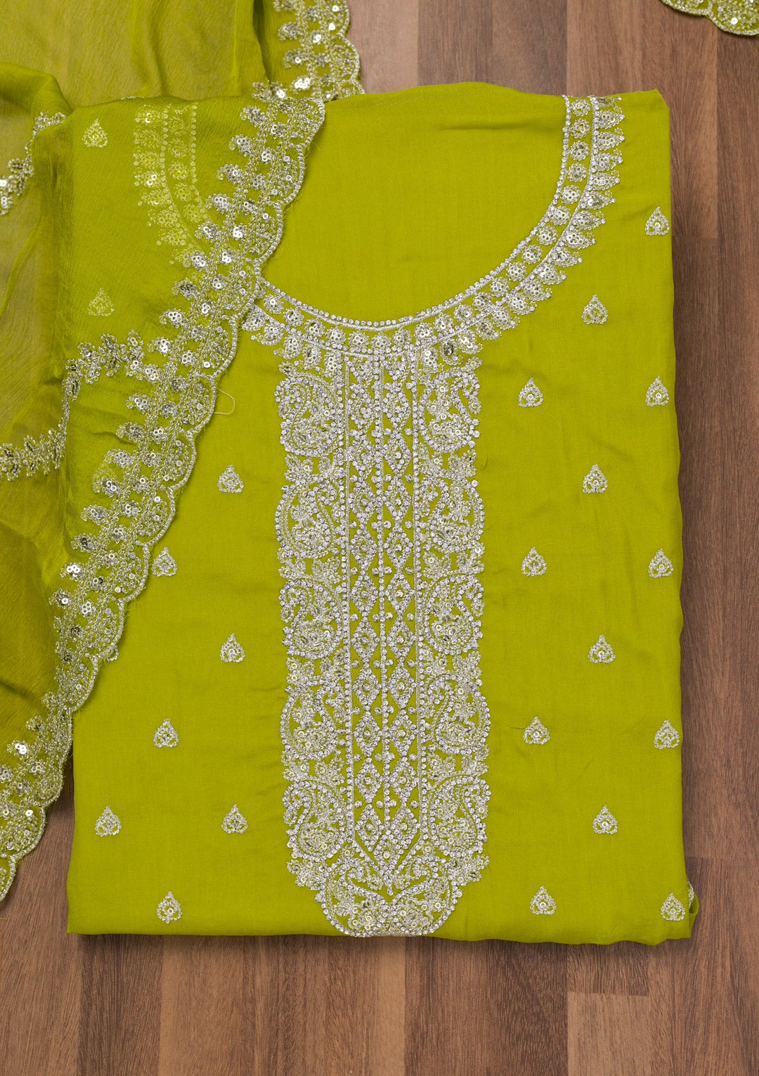 Parrot Green Zariwork Semi Crepe Unstitched Salwar Suit-Koskii