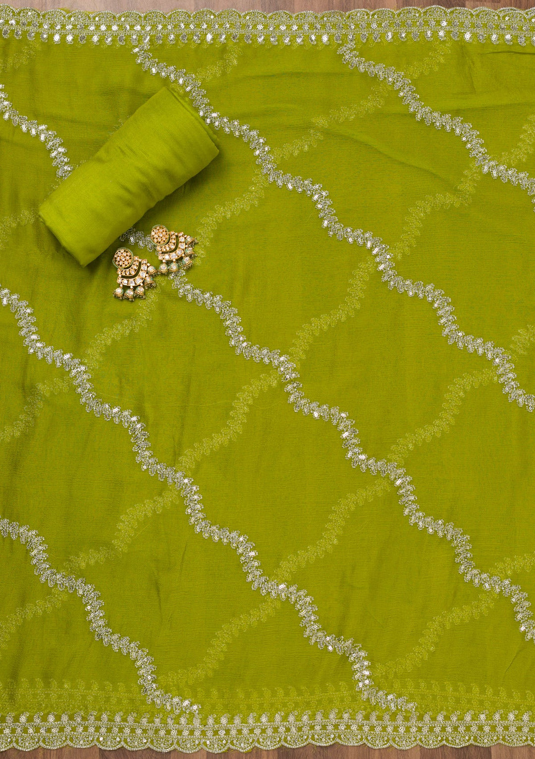 Parrot Green Zariwork Semi Crepe Unstitched Salwar Suit-Koskii