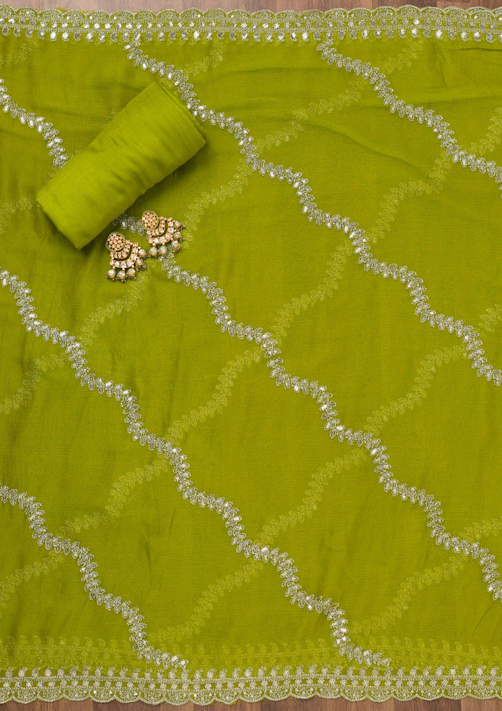 Parrot Green Zariwork Semi Crepe Unstitched Salwar Suit-Koskii