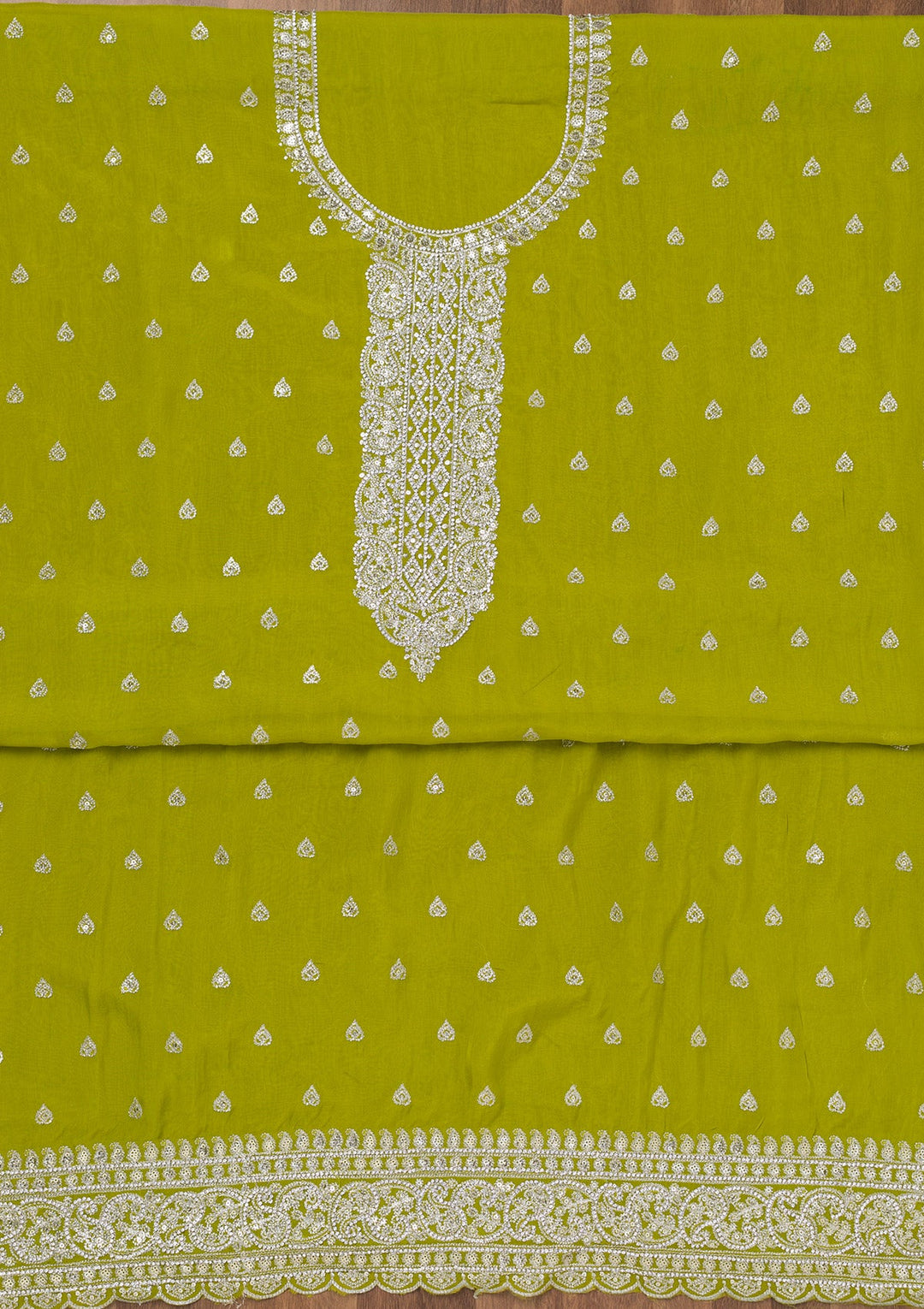 Parrot Green Zariwork Semi Crepe Unstitched Salwar Suit-Koskii