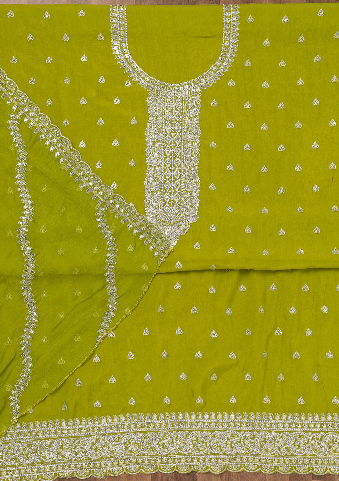 Parrot Green Zariwork Semi Crepe Unstitched Salwar Suit-Koskii