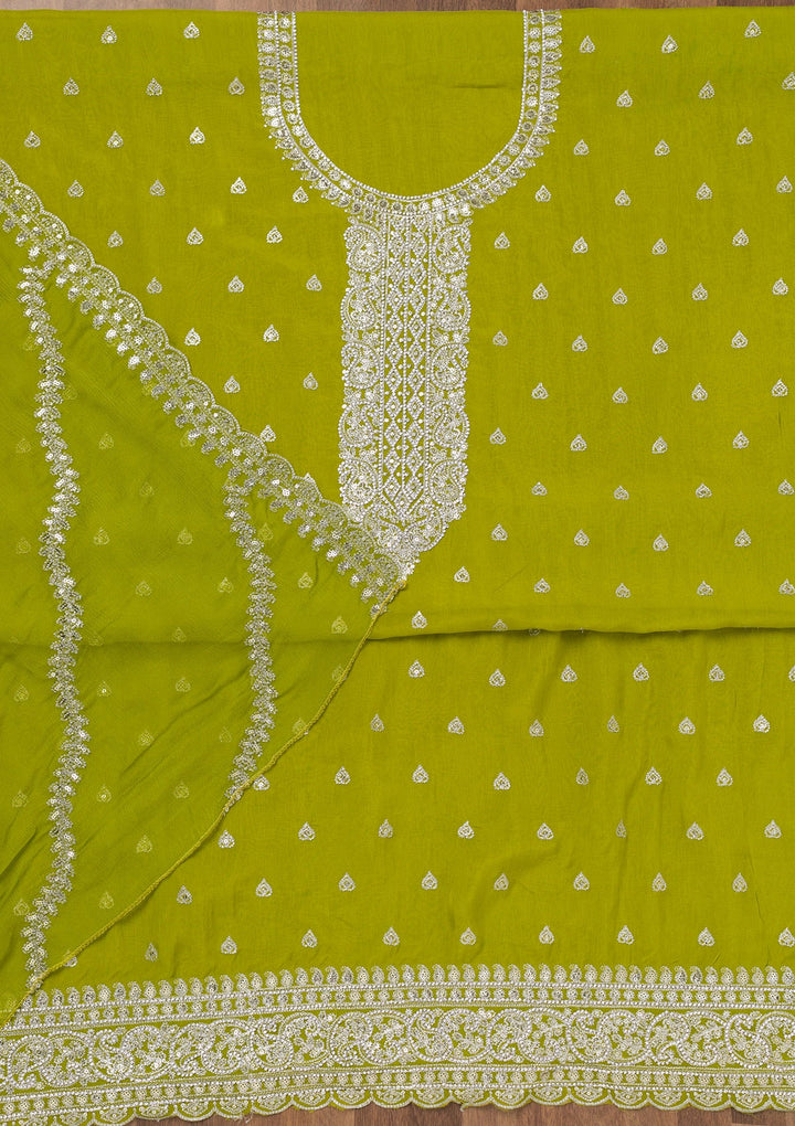 Parrot Green Zariwork Semi Crepe Unstitched Salwar Suit-Koskii