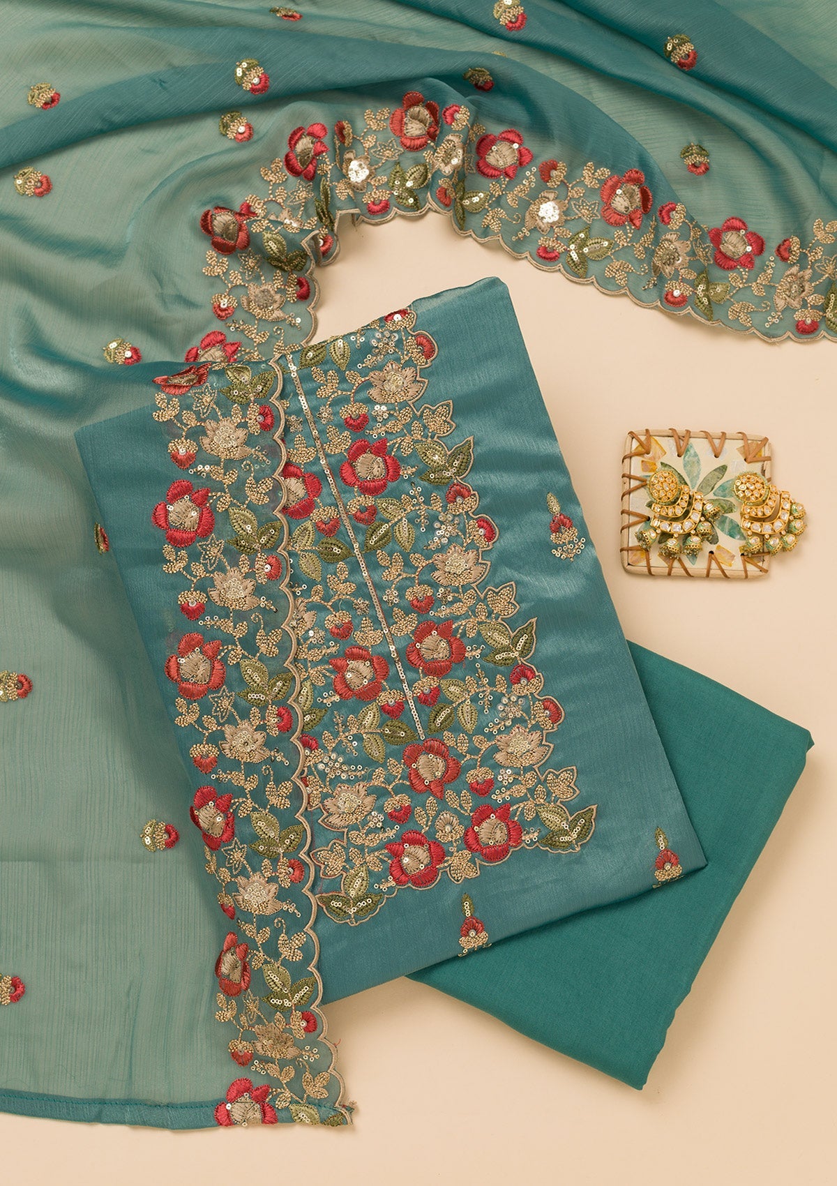 Peacock Blue Zariwork Semi Crepe Unstitched Salwar Suit-Koskii