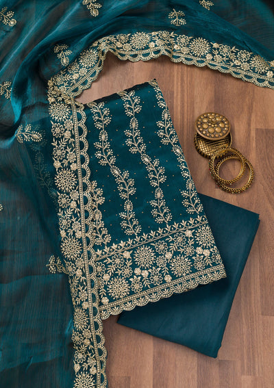 Peacock Blue Zariwork Semi Crepe Unstitched Salwar Suit-Koskii