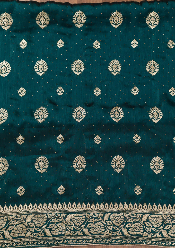 Peacock Blue Zariwork Semi Crepe Unstitched Salwar Suit-Koskii