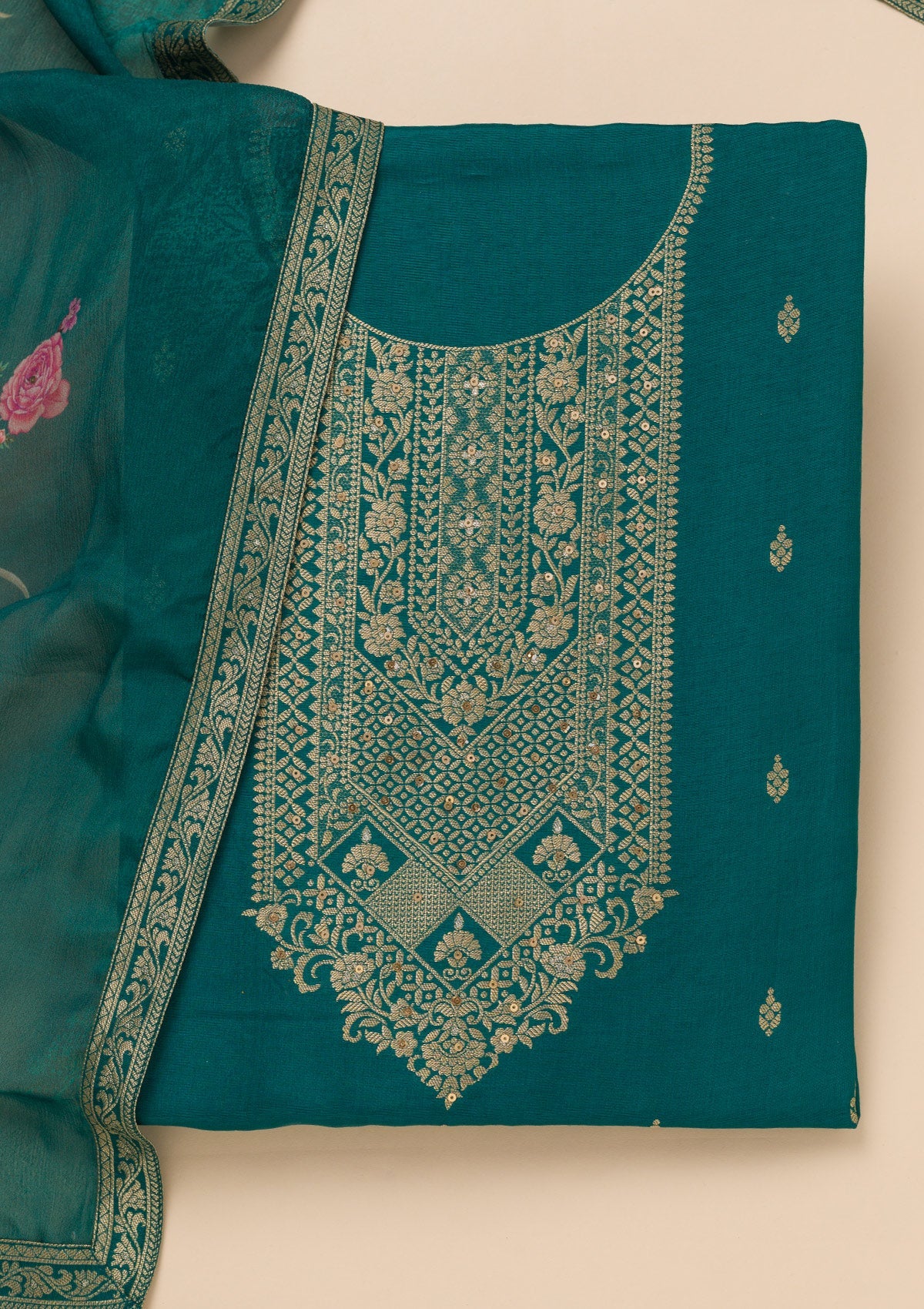 Peacock Blue Zariwork Semi Crepe Unstitched Salwar Suit