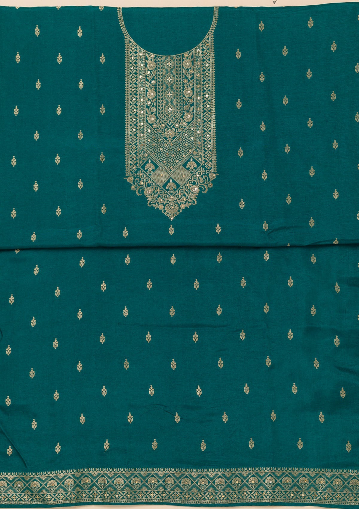 Peacock Blue Zariwork Semi Crepe Unstitched Salwar Suit