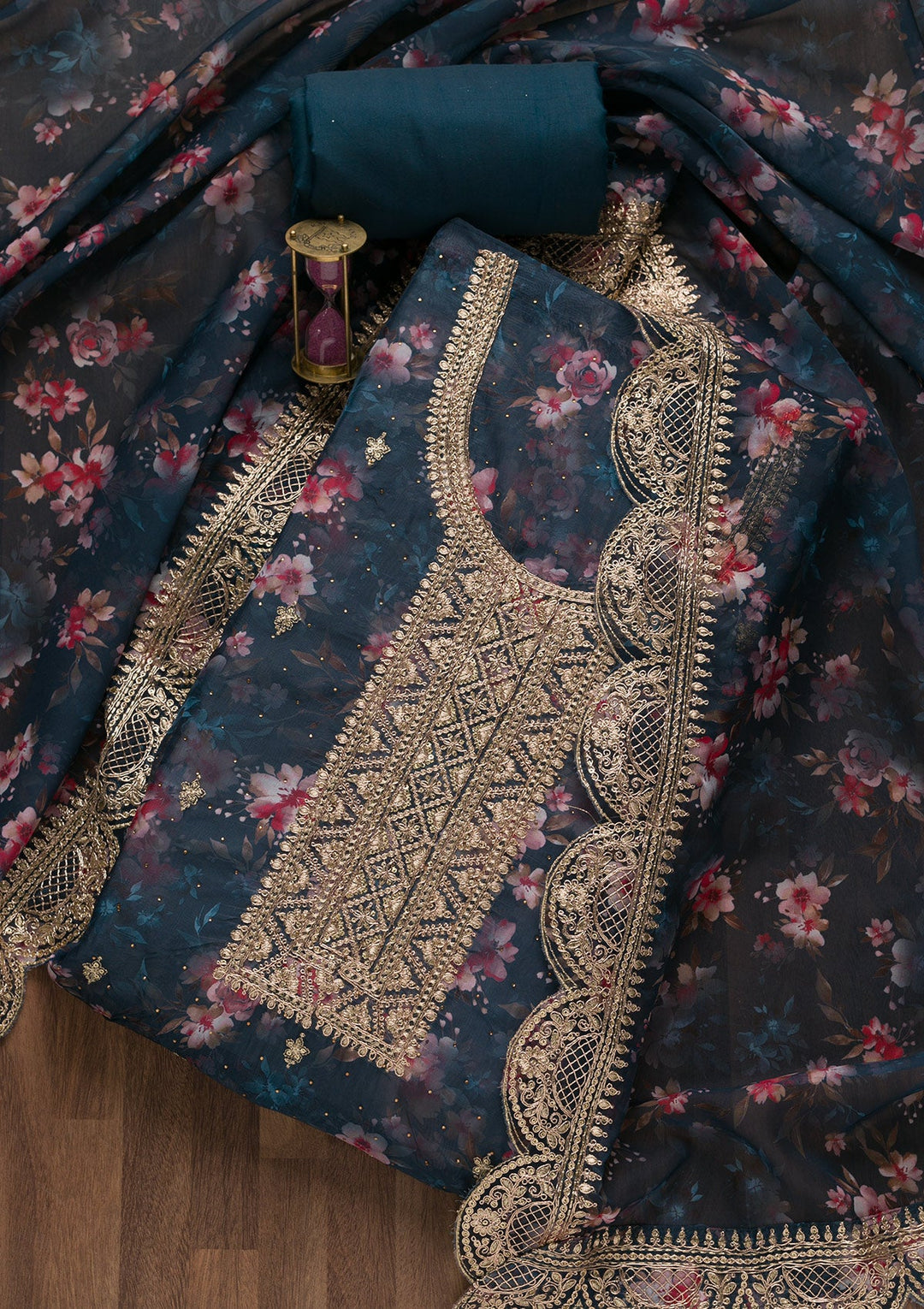 Peacock Blue Zariwork Tissue Unstitched Salwar Suit-Koskii