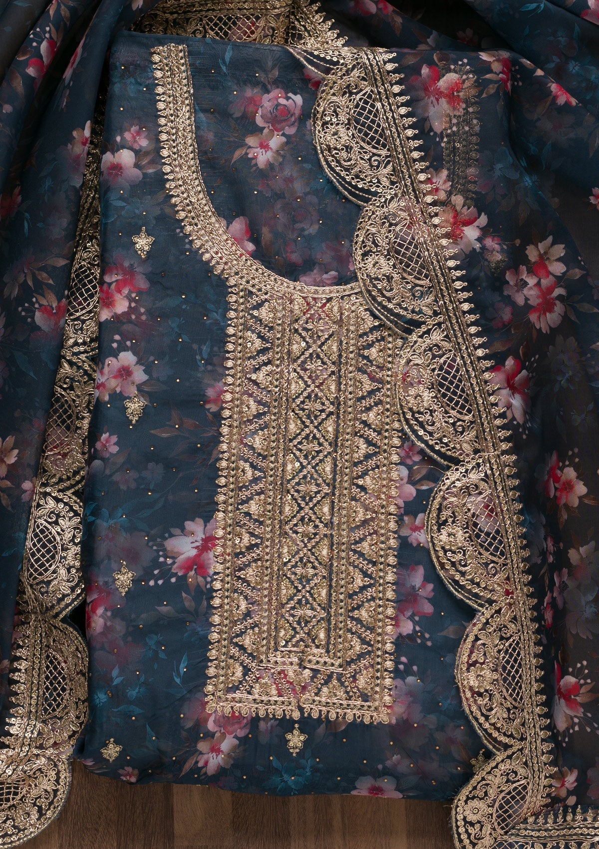 Peacock Blue Zariwork Tissue Unstitched Salwar Suit-Koskii