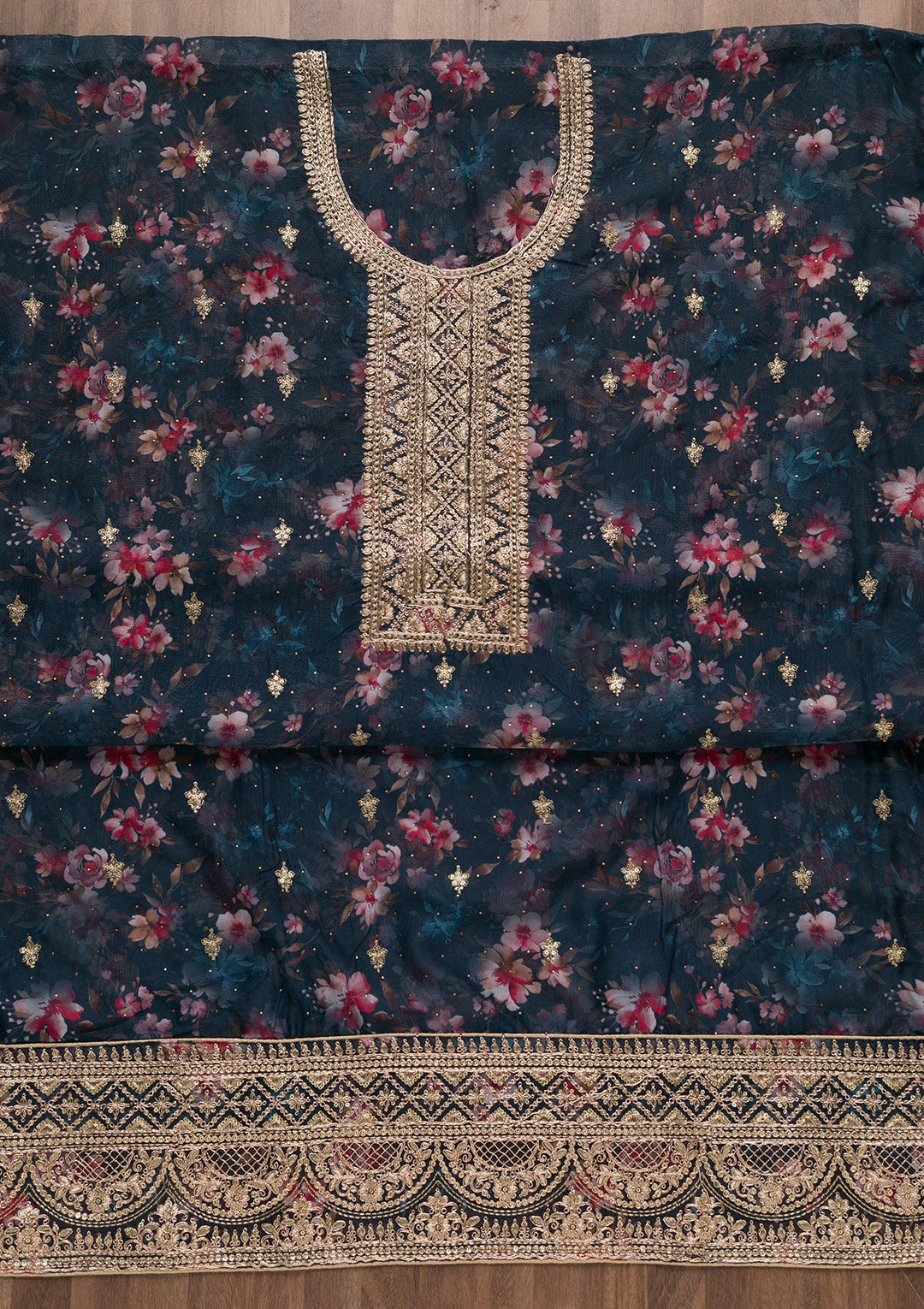 Peacock Blue Zariwork Tissue Unstitched Salwar Suit-Koskii