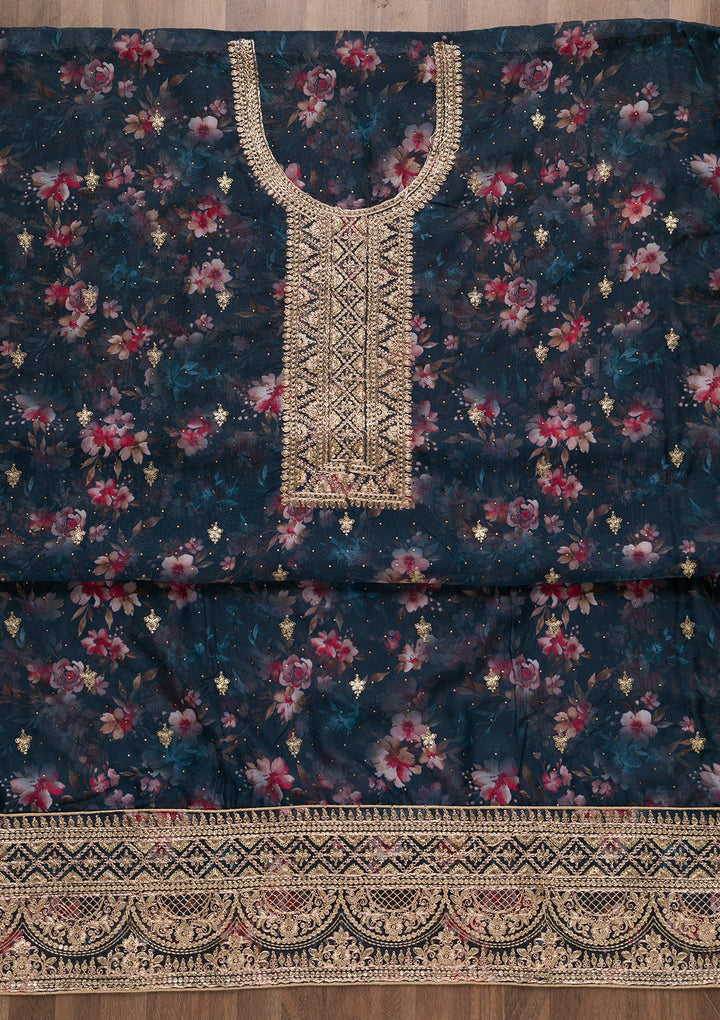 Peacock Blue Zariwork Tissue Unstitched Salwar Suit-Koskii