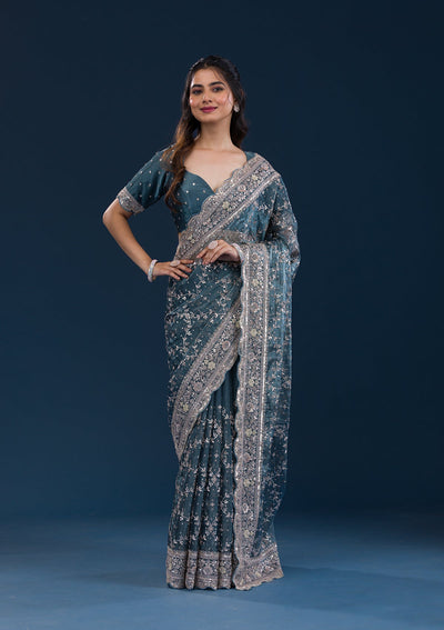 Peacock Blue Zariwork Tissue Saree-Koskii