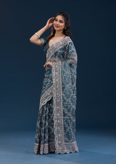 Peacock Blue Zariwork Tissue Saree-Koskii