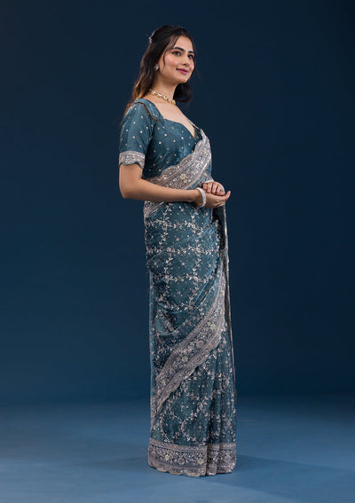 Peacock Blue Zariwork Tissue Saree-Koskii