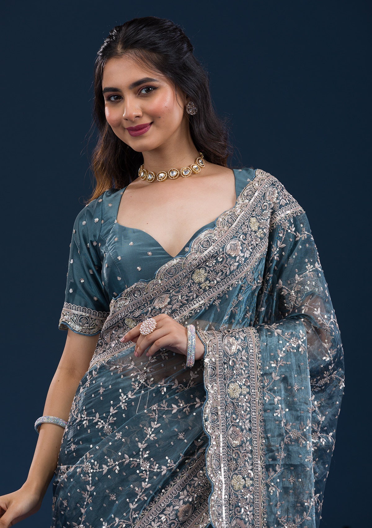 Peacock Blue Zariwork Tissue Saree-Koskii