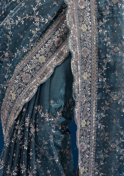 Peacock Blue Zariwork Tissue Saree-Koskii