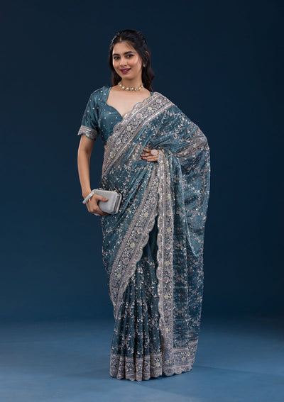 Peacock Blue Zariwork Tissue Saree-Koskii