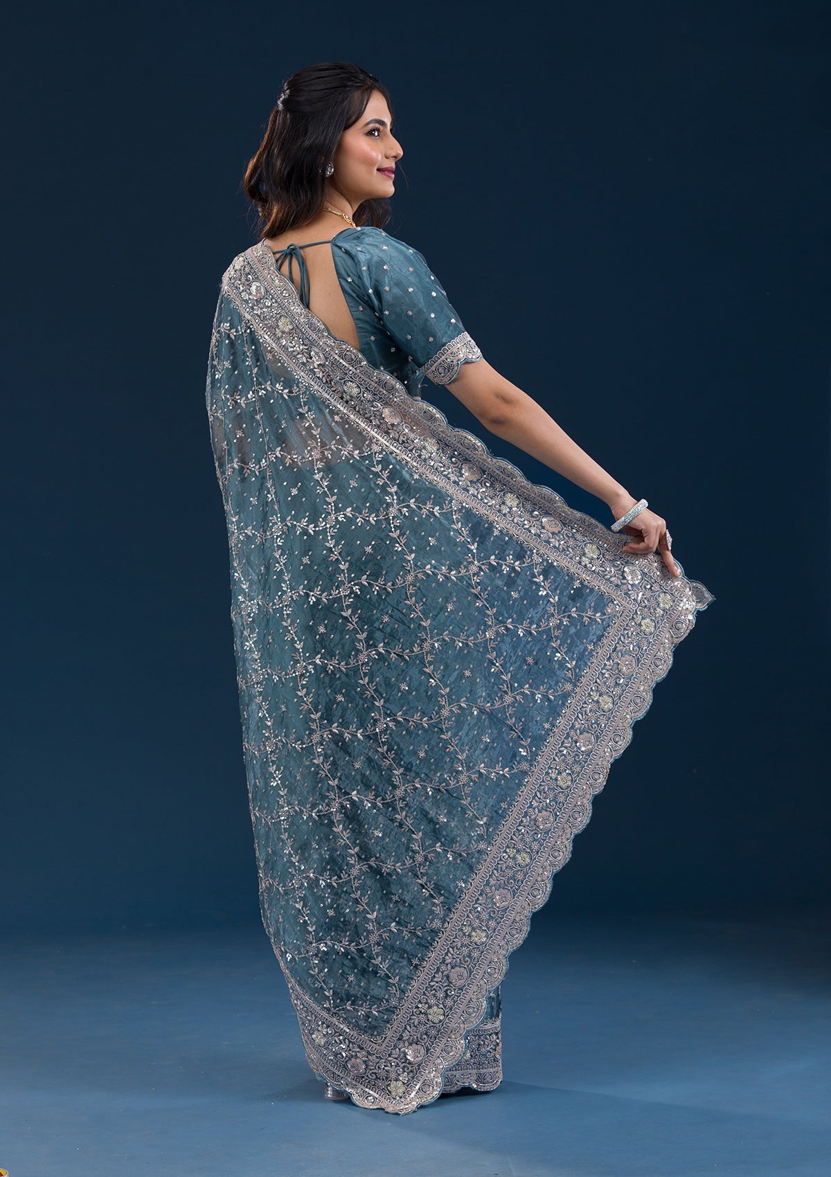 Peacock Blue Zariwork Tissue Saree-Koskii