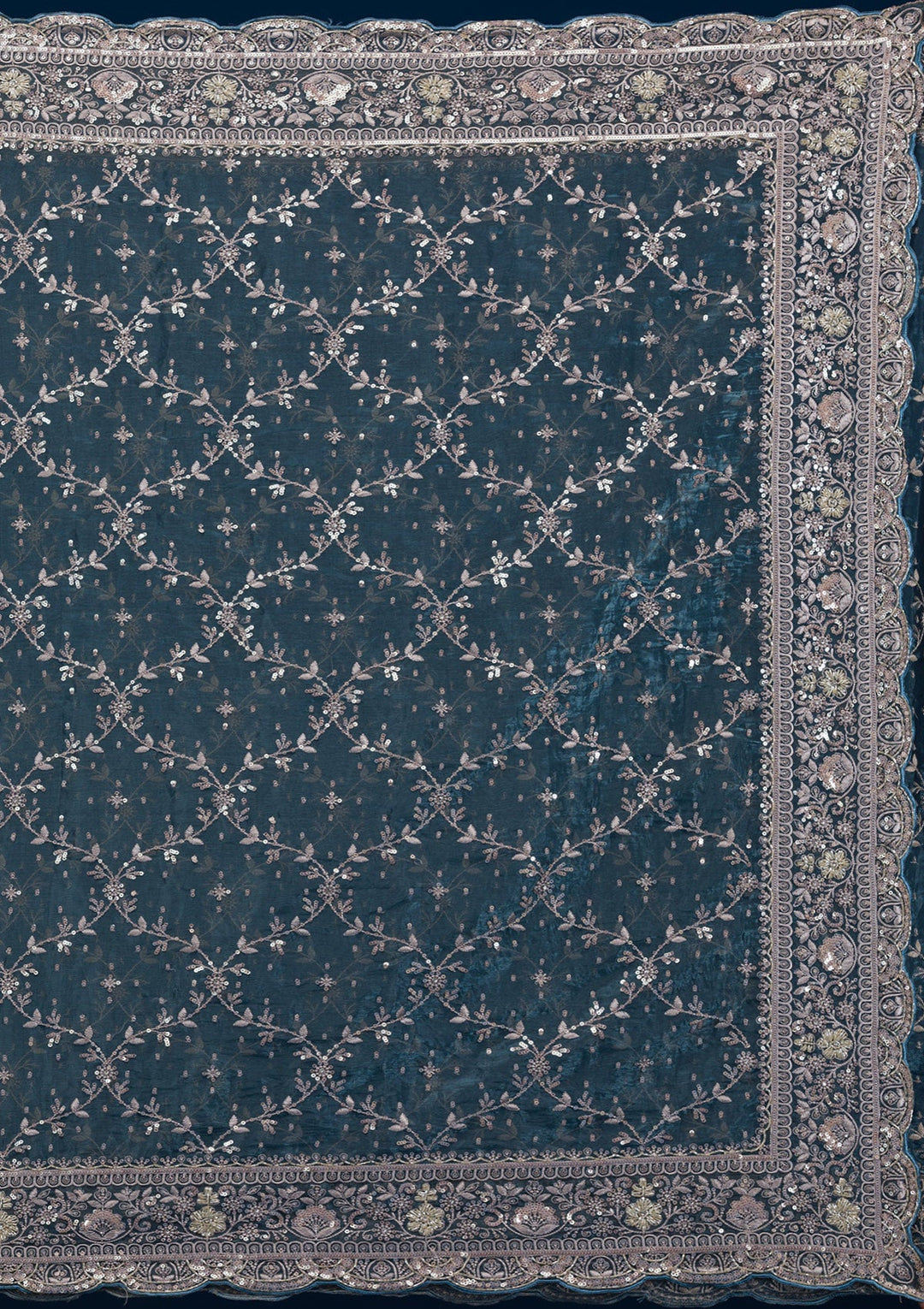 Peacock Blue Zariwork Tissue Saree-Koskii