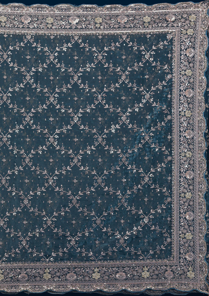 Peacock Blue Zariwork Tissue Saree-Koskii