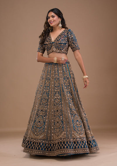 Peacock Blue Zariwork Velvet Readymade Lehenga-Koskii