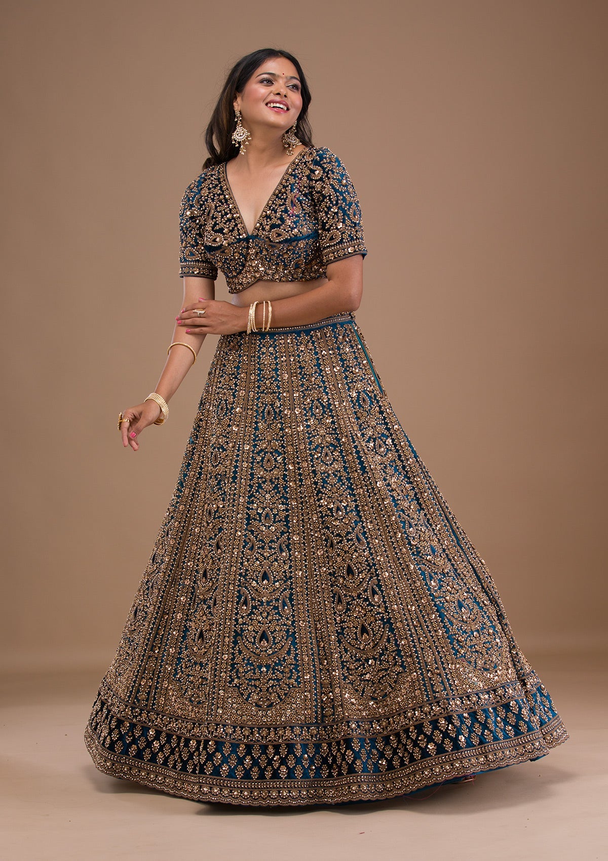 Peacock Blue Zariwork Velvet Readymade Lehenga-Koskii