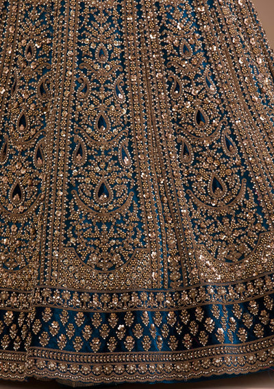 Peacock Blue Zariwork Velvet Readymade Lehenga-Koskii