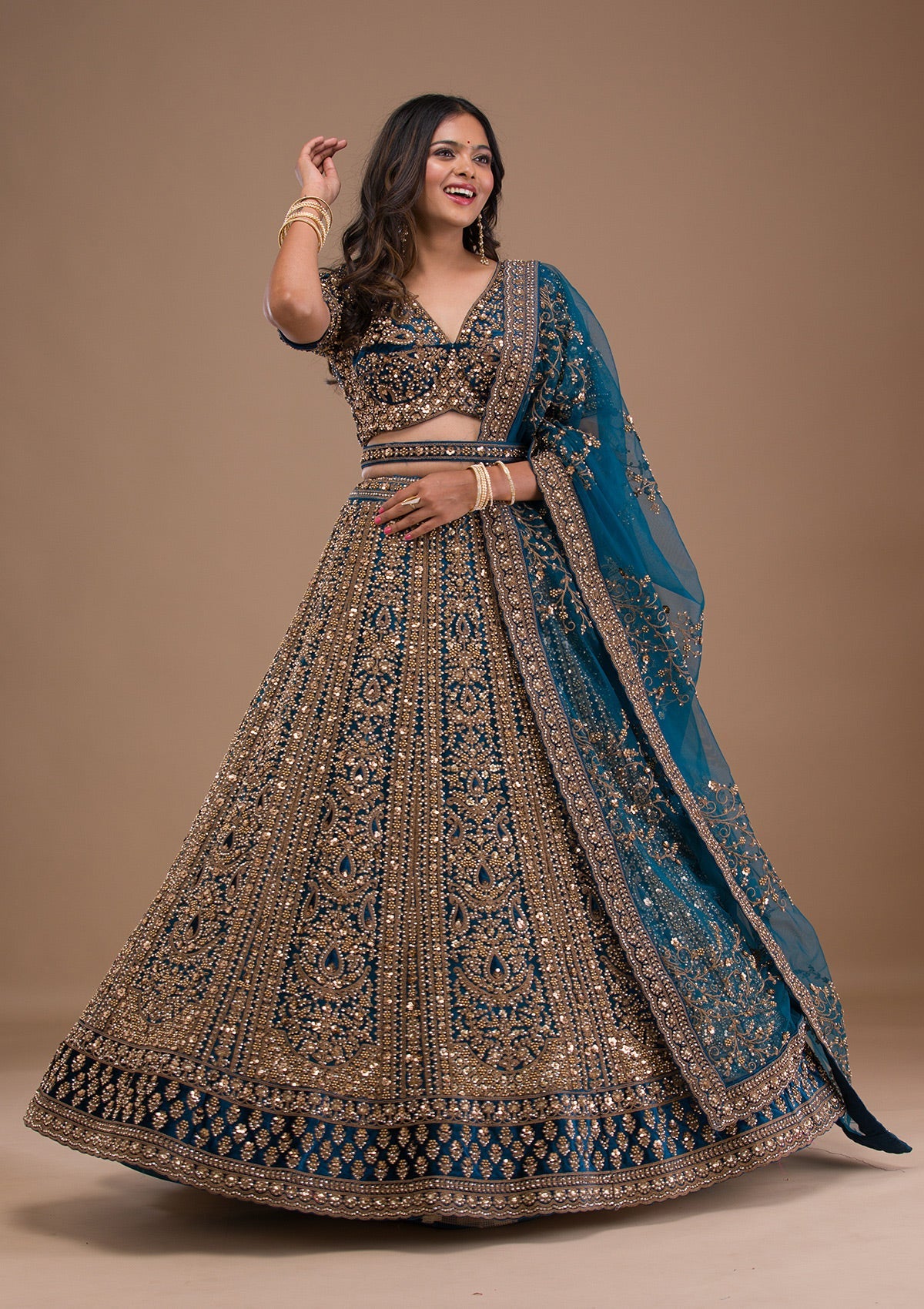 Peacock Blue Zariwork Velvet Readymade Lehenga-Koskii