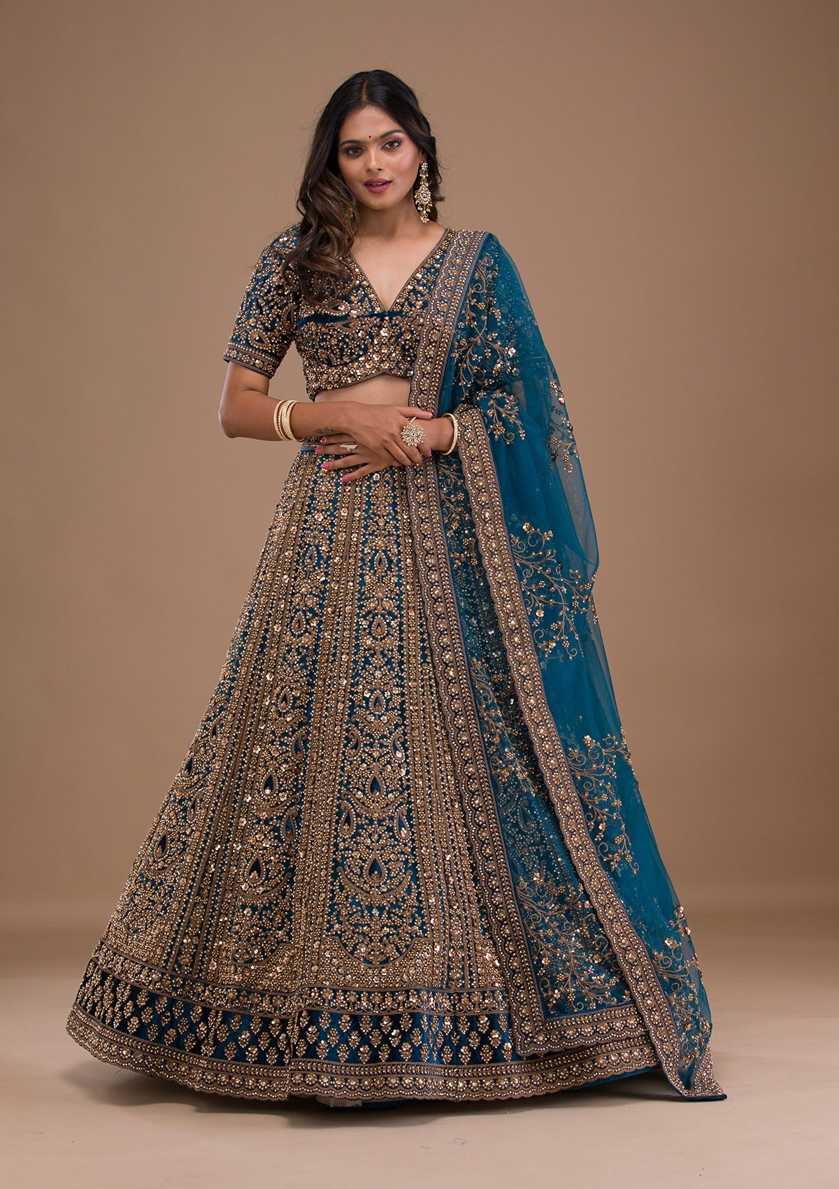 Peacock Blue Zariwork Velvet Readymade Lehenga-Koskii