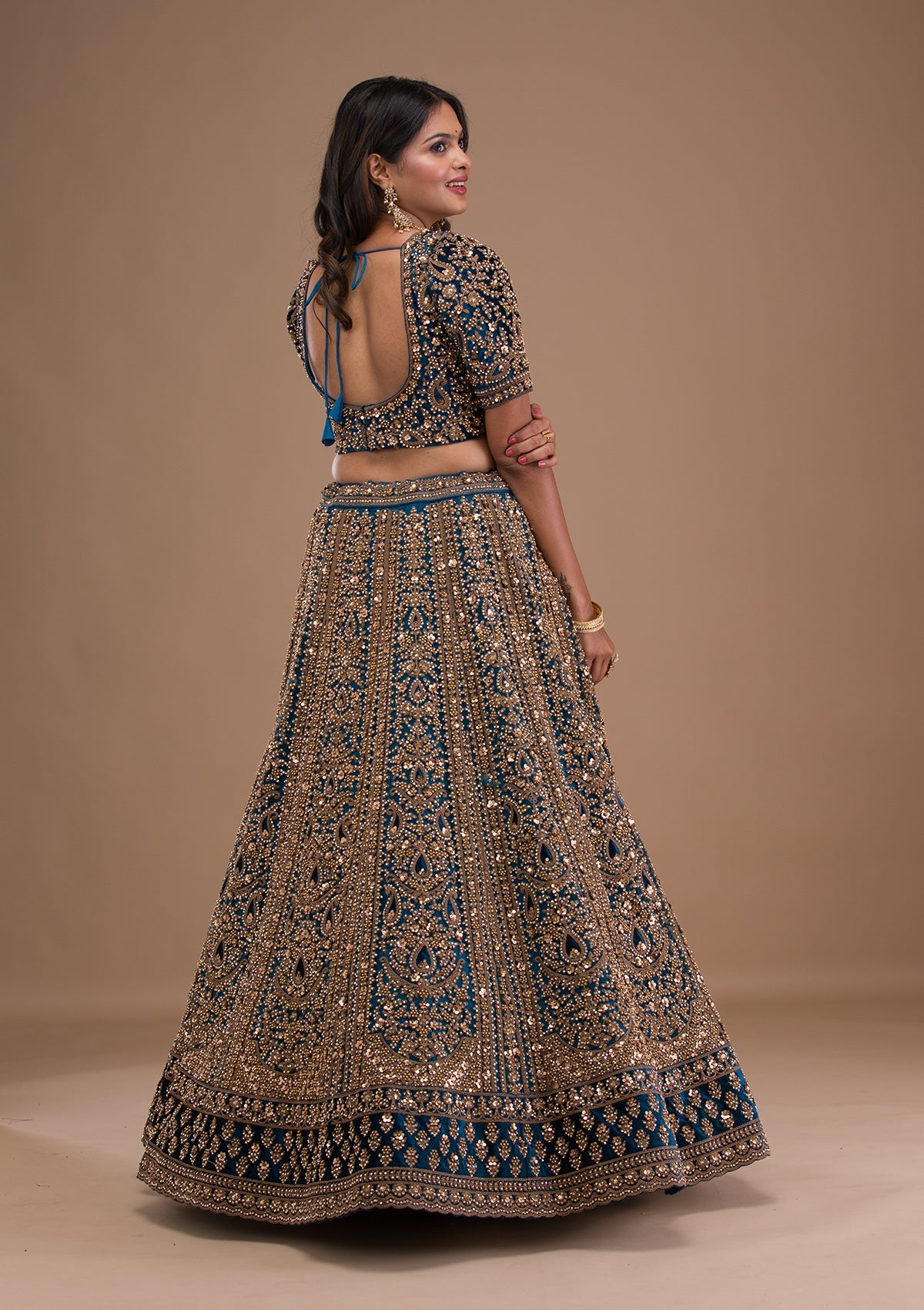 Peacock Blue Zariwork Velvet Readymade Lehenga-Koskii