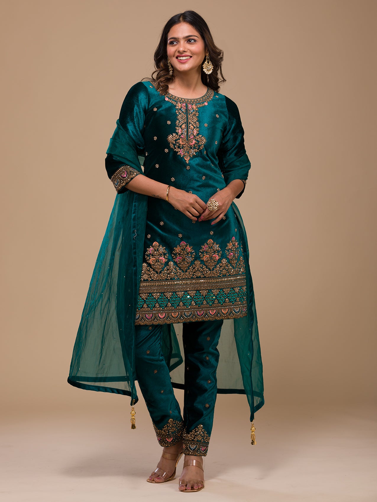 Peacock Blue Zariwork Velvet Readymade Salwar Kameez-Koskii