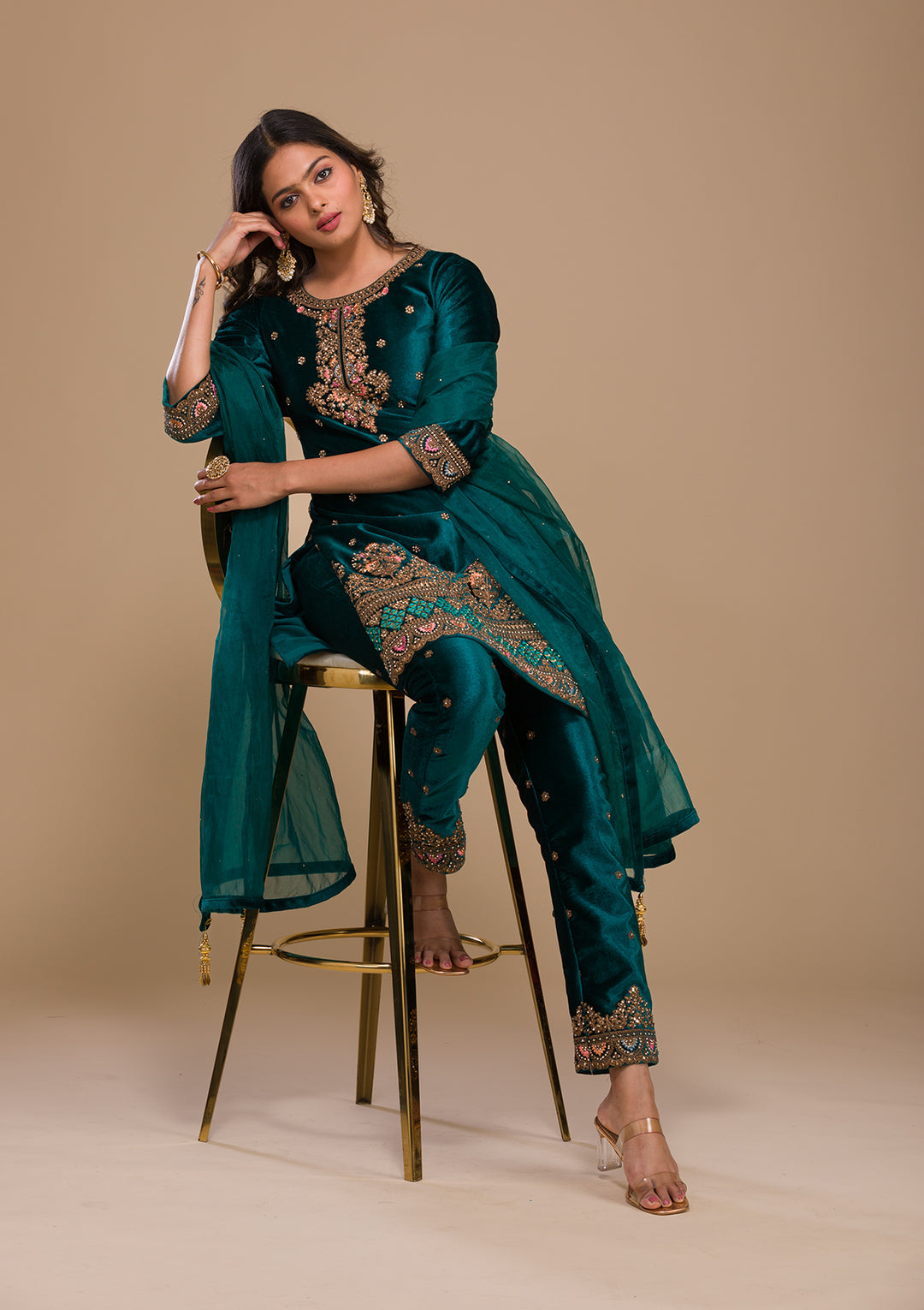 Peacock Blue Zariwork Velvet Readymade Salwar Kameez-Koskii