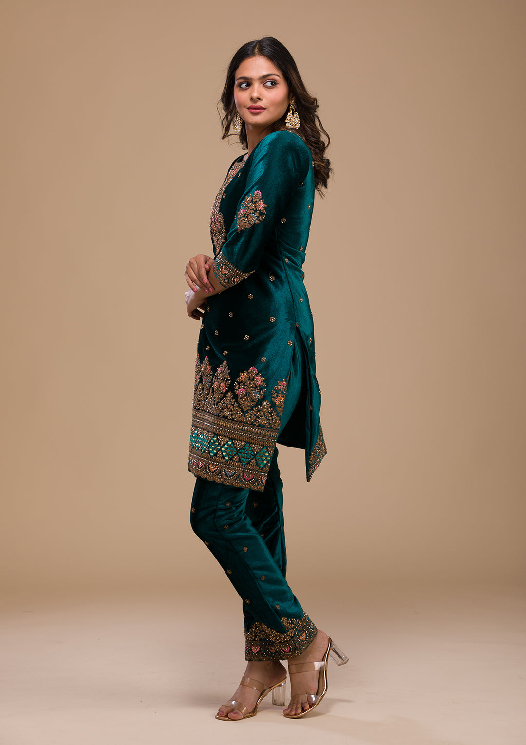 Peacock Blue Zariwork Velvet Readymade Salwar Kameez-Koskii