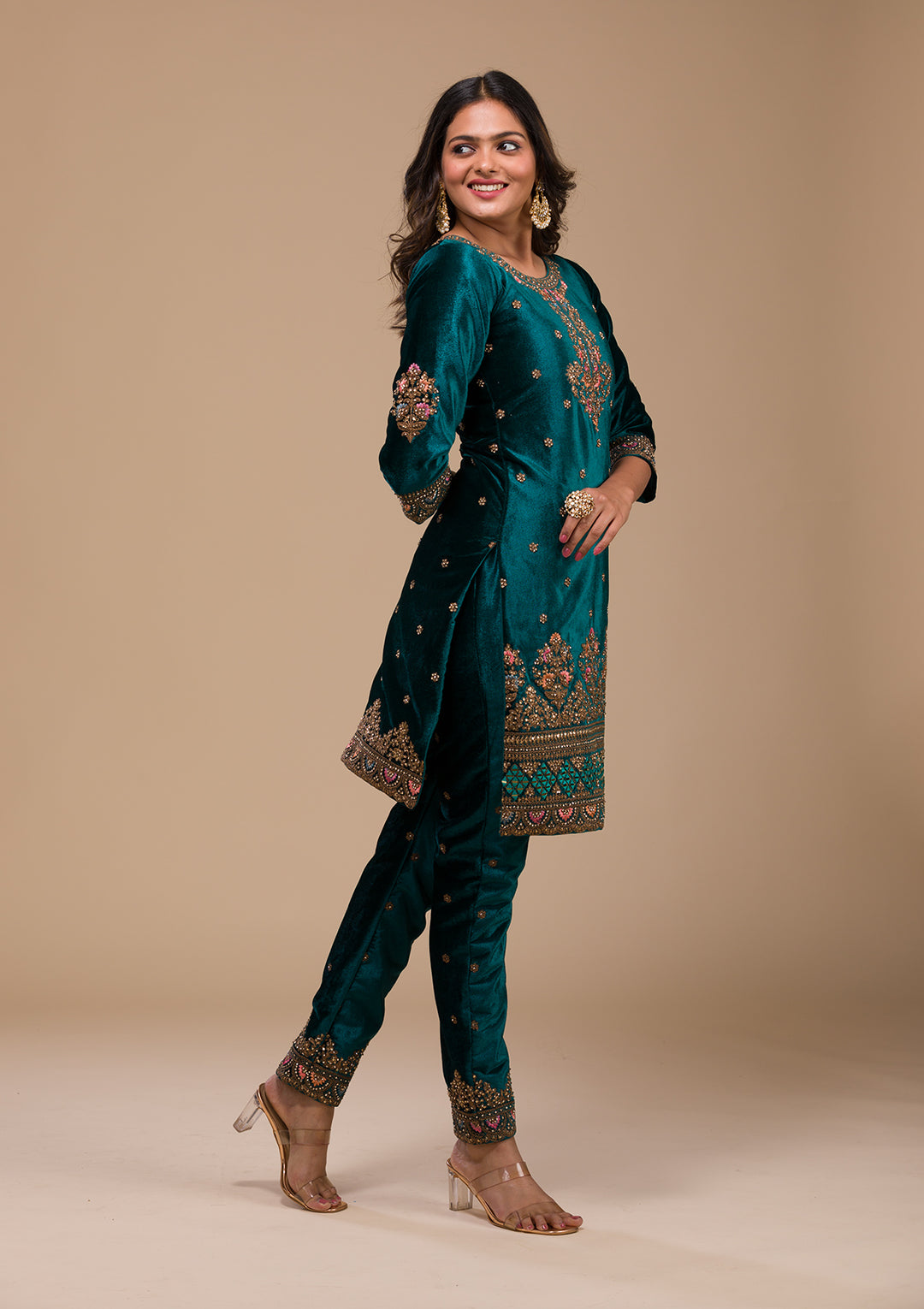 Peacock Blue Zariwork Velvet Readymade Salwar Kameez-Koskii