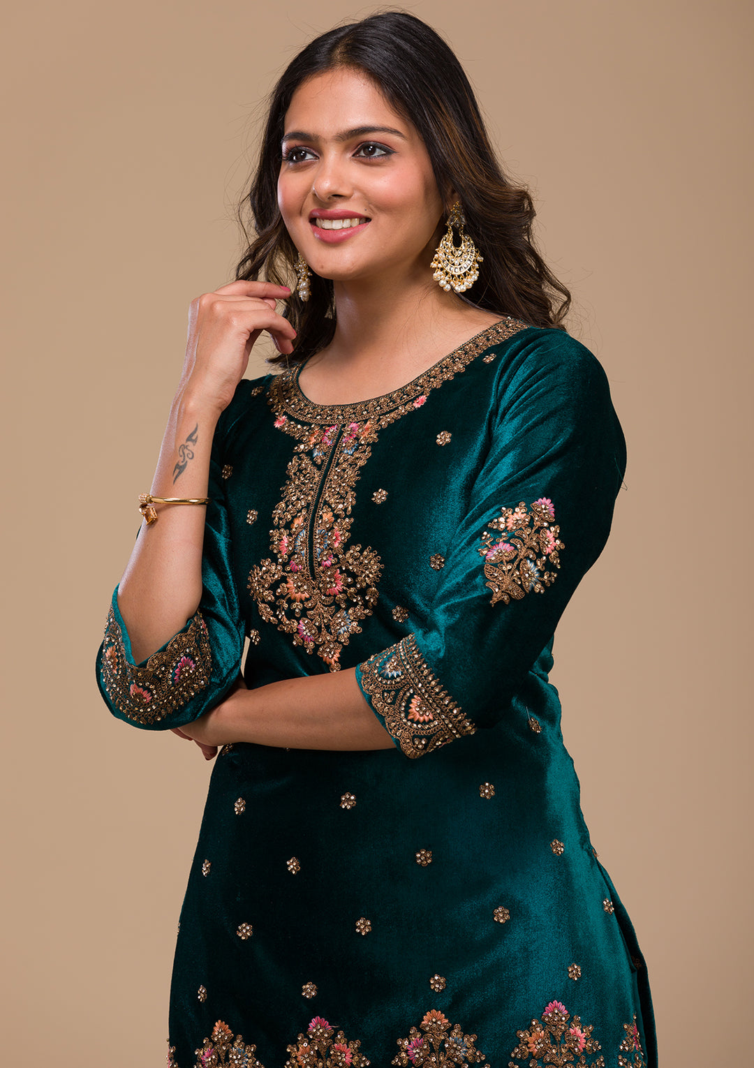 Peacock Blue Zariwork Velvet Readymade Salwar Kameez-Koskii